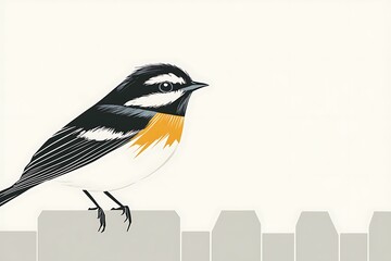 Obraz premium Illustrated bird perched on fence, simple background