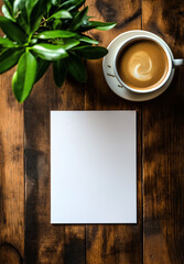 Minimalist A4 Blank Menu on Wooden Table with Coffee and Plant – Flat Lay Top View Design with 'Café au Lait' in White Lettering for Modern Café and Restaurant Branding
