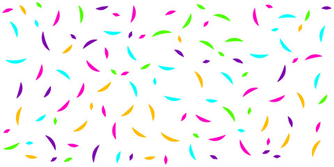  colorful confetti pattern on a white background, featuring scattered curved shapes in bright pink, blue, green, yellow, and purple, creating a fun and festive design