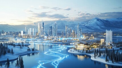 Fototapeta premium Futuristic snow city skyline by a river