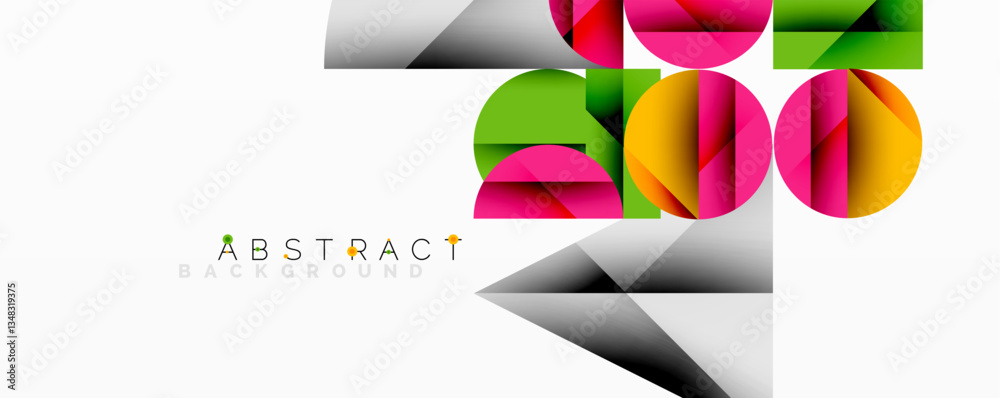 Poster Abstract geometric design with intersecting circles, triangles, squares and sharp angles creating a layered composition with gradients, depth, and contrast
