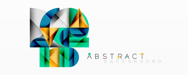 Abstract geometric artwork with overlapping circles and gradients, circle square triangle shapes background featuring sharp angular cuts, smooth shading, and structured layered composition