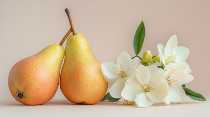 Two ripe pears elegantly paired with delicate white blossoms on a gentle pastel backdrop, showcasing nature's simplicity and beauty.
