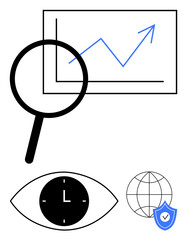 Magnifying glass over graph, clock in eye symbol, globe with shield. Ideal for analytics, time, strategy, progress, research safety digital innovation. Abstract line flat metaphor