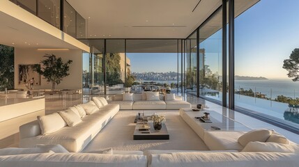 Fototapeta premium Luxury Coastal Living Room with Panoramic Ocean Views