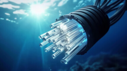 Underwater fiber optic cable with multiple strands, showcasing advanced technology and connectivity serene ocean environment