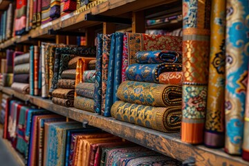 Colorful display of intricately designed fabrics stacked on shelves in a vibrant textile market