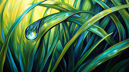 The ethereal and fragile allure of a glistening dewdrop resting on emerald blades of grass captures mesmerizing intricacie