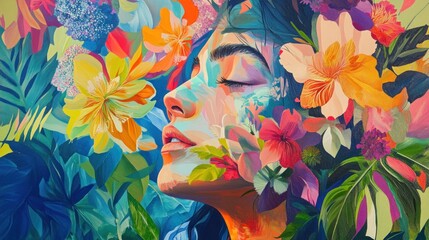 A woman with closed eyes surrounded by vibrant flowers, her face blended with floral patterns