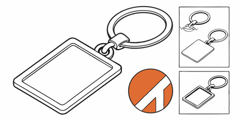 Silver keychain with ring mockup for branding. Realistic vector illustration set of blank grey metal key holder template. Chrome trinket souvenir badge of round rectangle and square shape.
