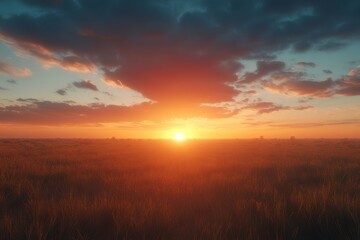 Fototapeta premium Golden sunset casts a warm glow over tranquil fields under a colorful sky