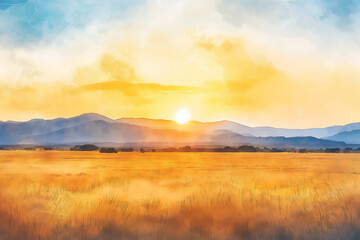 Desert sunset and sunrise with mountain sunset scene, water color