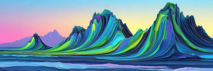 Abstract, colorful mountains against a pink and blue sky with water in the foreground