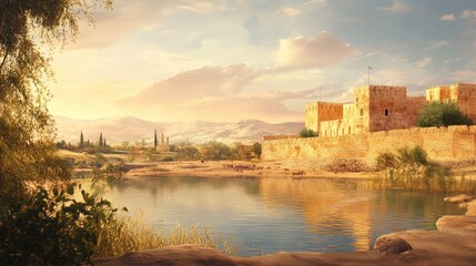 Fototapeta premium Scenic View of Ancient Castle by Lake Under Warm Sunset Light