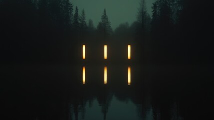 Illuminated Number Three over Misty Forest Pond