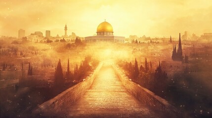 Naklejka premium Dome of the Rock Path Leading to Jerusalem Cityscape in Golden Light