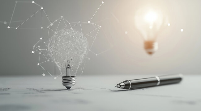 A pen and some geometric shapes on a white background with data points floating around it, symbolizing the idea of artificial intelligence in business analytics. The scene is set a