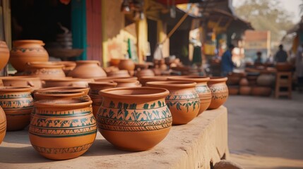 Traditional Clay Pots at Local Market Stall