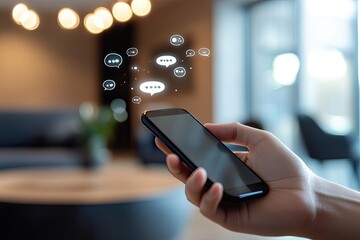 Mobile communication, social media, digital interaction.  A hand holds a phone, surrounded by chat bubbles