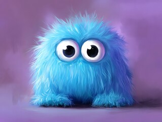 Fototapeta premium Blue furry cartoon creature with large eyes standing against a purple background