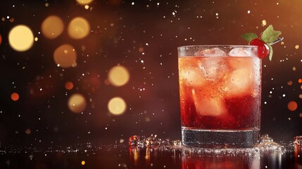 Refreshing Old Fashioned Cocktail with Cherry Garnish and Ice Cubes
