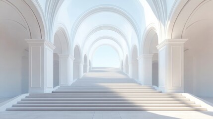 White Architectural Corridor, Empty Steps, Light, Perspective, Architectural Photography, Interior Design, Modern, Empty Space, Wide Shot