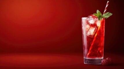 Refreshing Raspberry Cocktail with Ice Cubes and Mint on Red Backdrop