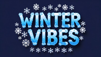 Winter vibes typography illustration with snoflawks elements on blue ice background.