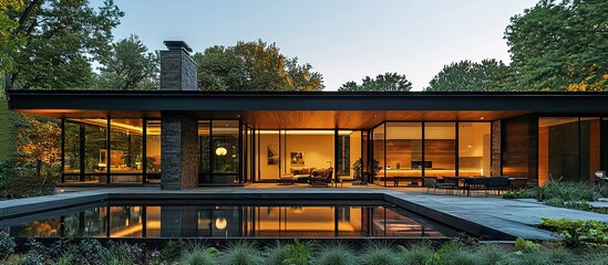Fototapeta premium Modern luxury home with a pool and glass windows reflecting light