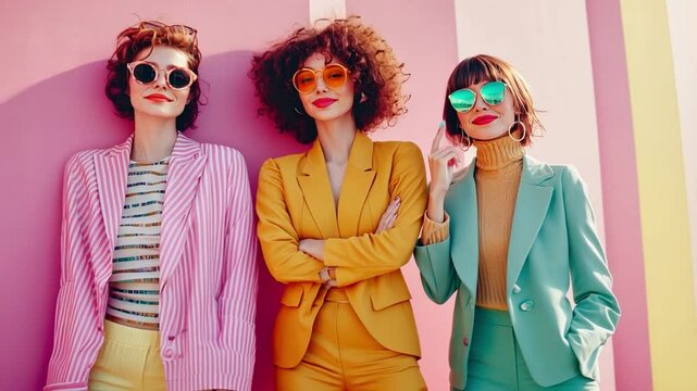 Stylish Trio: Three fashion-forward women strike a pose in a vibrant, minimalist setting, each radiating confidence and individuality through their colorful ensembles and chic accessories.