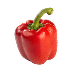 Fresh Red Bell Pepper with Green Stem Isolated on transparent background, Clean Wet Drops