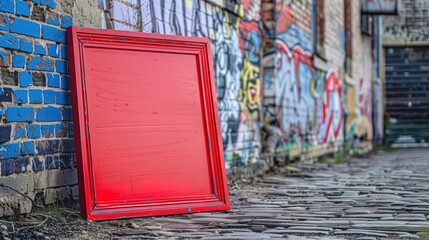 Red Picture Frame Leaning Against a Colorful Graffiti-Covered Brick Wall in an Urban Alley