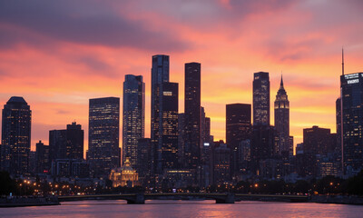 Obraz premium Minimalist city skyline at dusk with warm lights for urban lifestyle and travel themes. A modern city skyline is silhouetted against a vibrant