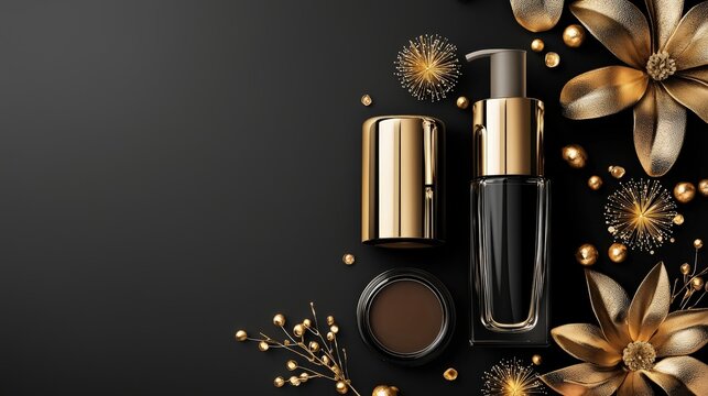 Elegant black and gold cosmetic products are arranged artfully on a dark background with decorative gold flowers and beads for a luxurious beauty product advertisement.
