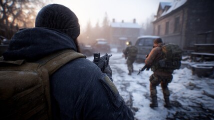 Military operatives navigate a snowy urban environment during a mission at dawn