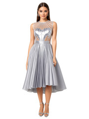Fototapeta premium Sculptural metallic structured dress, midi length, with a fitted bodice and pleated skirt, sheer mesh insert at the waist for