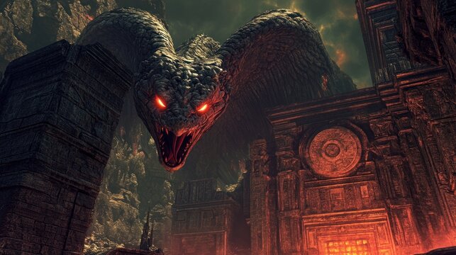 Ancient serpent monster guarding a fiery temple