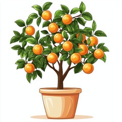 Lush Orange Tree with Ripe Oranges in Decorative Pot on White Background