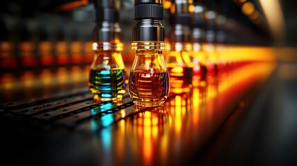 Bottles of colored liquids on a conveyor belt in a factory setting, illuminated by warm lighting.  A close-up view showing the details and reflections.