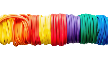 Colorful rubber bands forming a rainbow pattern on transparent background