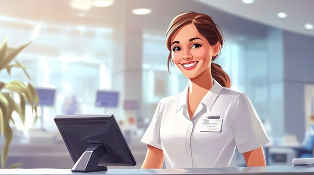 Smiling Professional Woman at Reception Desk Welcomes Visitors in Modern Office