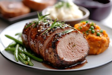 Sliced pork tenderloin with rosemary and spices, served with mashed potatoes, green beans and mashed sweet potatoes