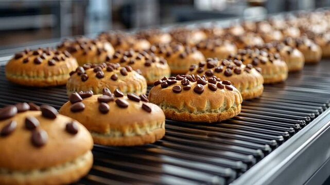 Freshly Baked Chocolate Chip Donuts: Rows of freshly baked donuts with chocolate chips travel along an automated conveyor belt, a delicious testament to the delights of production