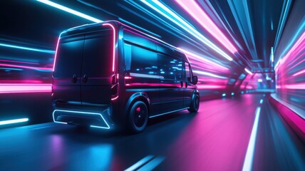Modern delivery van races through futuristic neon cityscape at night Generative AI