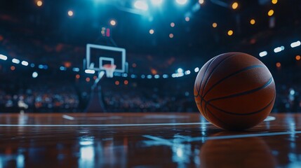 Obraz premium Closeup of Basketball on Gleaming Court, Night Game Atmosphere