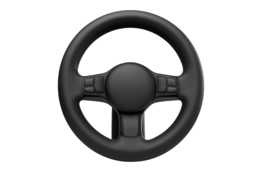 Black steering wheel with a black center cap, isolated