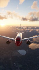 Airplane Flight Over City at Sunset