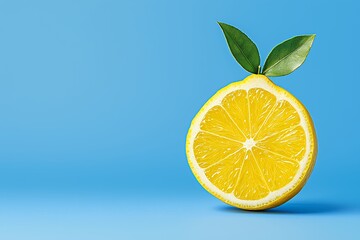 Bright lemon slice with green leaves against a blue background.