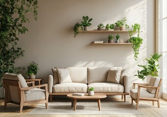 Sofa, armchair, and coffee table in a beige living room interior with a wooden floor and plants on a shelf wall. 3D rendering illustration. Stock photo of modern home decor, interior design concept. 
