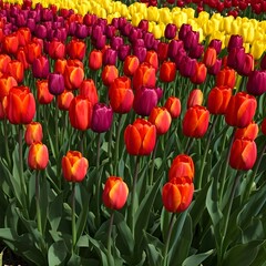 Obraz premium A field of vibrant tulips in full bloom, with colors ranging from red to purple and yellow